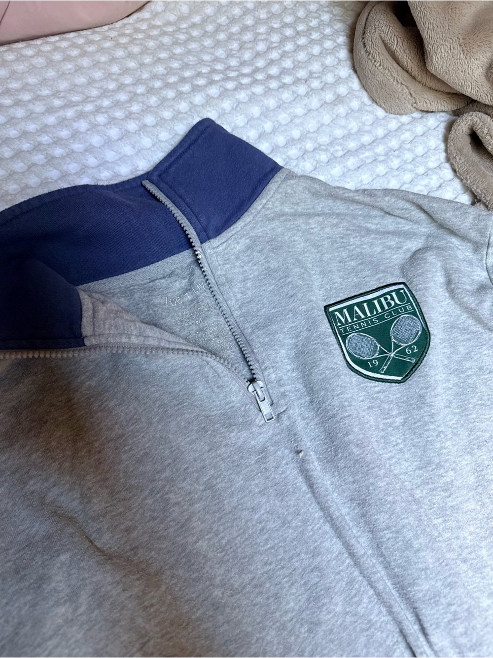 Zoe + Liv Light Gray Half-Zip Pullover with Navy Collar and Green Crest